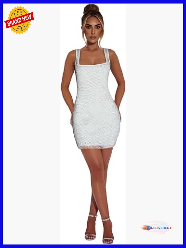 Sparkling Rhinestone Mini Dress Square Neck Backless Evening Party Gown